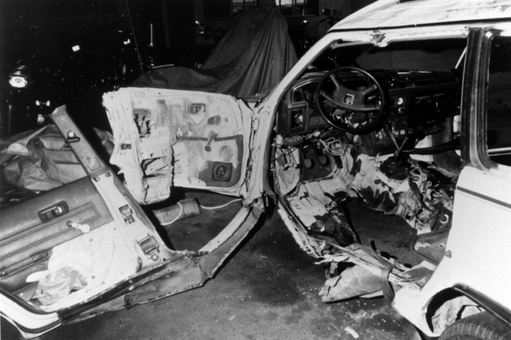 The bombed car that Judi Bari and Darryl Cherney were in.  from Trees Foundation's archives