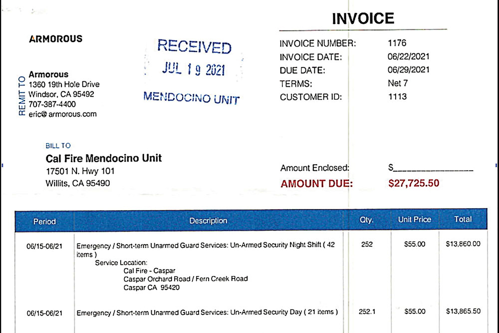 One of the documents released by CAL FIRE in response to the author’s August, 2021 request: 
an invoice for six days of private security in the Caspar 500 THP.
